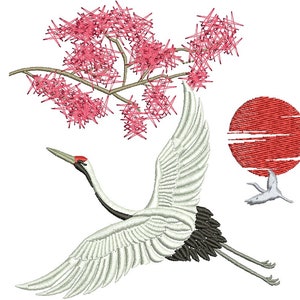 gru volanti sole e ramo di sakura ricamo design