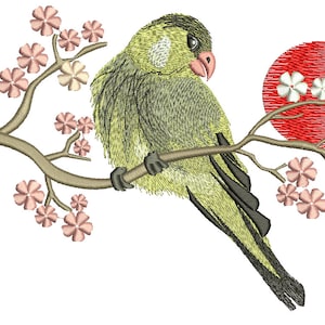 borduurontwerp vogel op sakuratak en sakuratak met roze bloemen