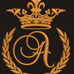 Corona, corona de laurel y la letra monograma "A" - Diseño de bordado a máquina, diseño probado.