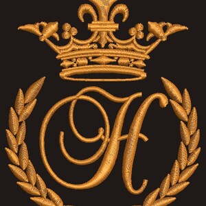 Corona, corona de laurel y la letra monograma "H" - Diseño de bordado a máquina, diseño probado.