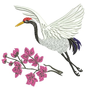 borduurontwerp vliegende Mantsjoerije kraanvogel en sakuratak met roze bloemen