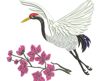 flying Manchurian crane  embroidery design and sakura branch with pink flowers