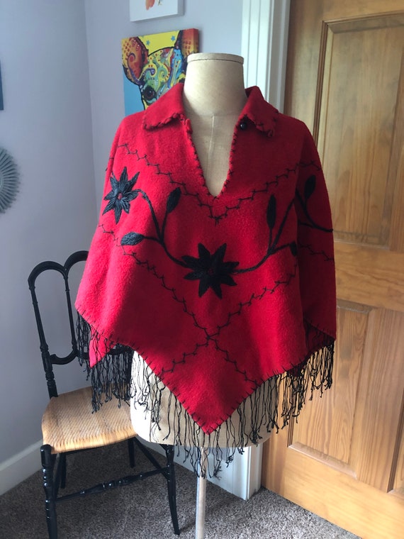 Vintage Mexican Red and Black Wool Embroidered Sha