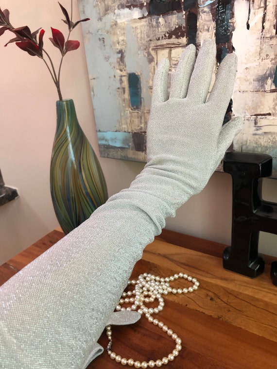 Vintage Formal Silver Lame Opera Length Gloves