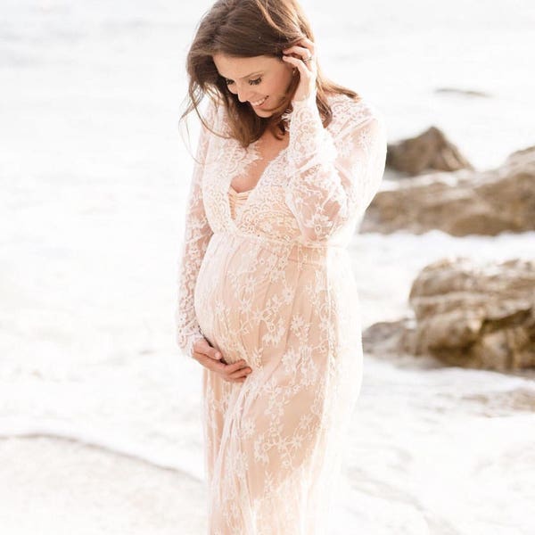 CAMILLE • lace maternity gown long sleeve floor length white eyelash