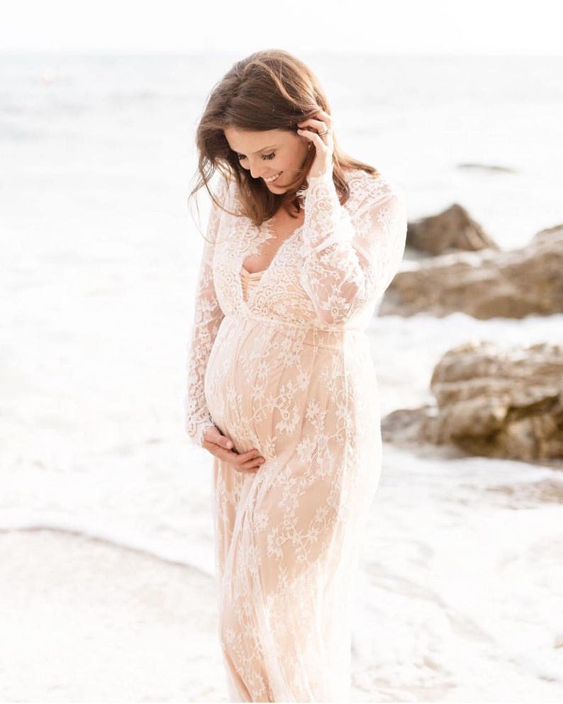 CAMILLE • lace maternity gown long sleeve floor length white eyelash 