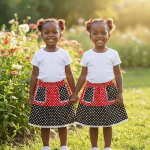 May include: Two young girls wearing matching outfits. They are holding hands and smiling. Each girl wears a white t-shirt, a red and black polka dot skirt, and white sneakers. Their hair is styled in pigtails with red bows.