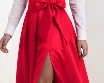 HANDMADE RADIANT RED Dull Satin Maxi Skirt with long split Box Pleat, Sash, Side Pockets, Made to Order. Handmade Satin Ball Maxi skirt.