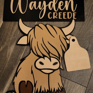 Highland Cow | Nursery Wall Decor | Hospital Door Hanger | Baby Name Sign | Doorhanger | Baby Name Reveal | Photo Prop | Birth Announcement