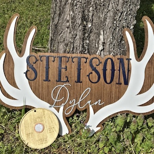 Hunting Nursery Wall Decor Hospital Door Hanger Baby Name Sign Baby Shower Decor Gift Deer Antlers