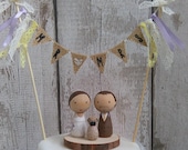 Peg Doll wedding cake topper with dog, bride and groom cake topper, wedding, Wedding cake topper, Kokeshi wedding cake topper, Mr & Mrs
