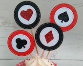 Poker Cupcake Toppers, Casino Cupcake Toppers, Casino Theme cupcake Toppers, Black & Red, Games night cake picks, Vegas Wedding toppers