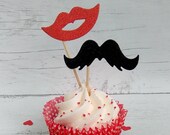 Lips Moustache cupcake Topper, Wedding & engagement Toppers, Glitter Team Bride and Team Groom toppers, Bachelor and Bachelorette Topper x12