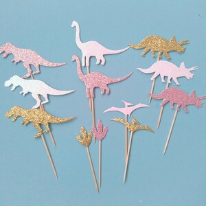 Dinosaur cake Toppers, Glitter Dinosaur Toppers, Dinosaur Themed party, Pink, Gold, White, Dinosaur Birthday Party, T Rex, Dinosaur cake
