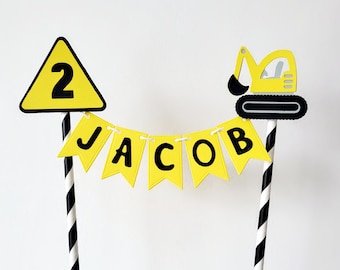 Construction cake topper, Digger bunting cake topper, Digger cake topper, Construction themed Birthday party, Personalise the name & age