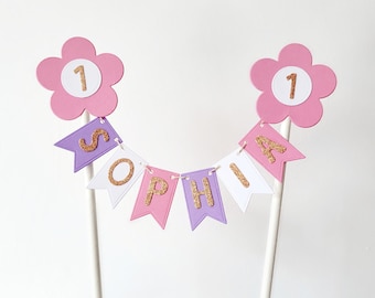 Flower cake topper, Daisy flower cake topper, Personalised bunting cake bunting, Girls Birthday topper, Baby shower topper, Pink lilac white