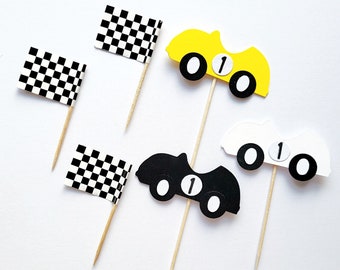 Race Car cupcake toppers, Racing car and checkered flag cake toppers x6, Car Racing Theme, Two Fast topper, personalised age & colours