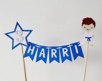 Karate cake topper, Judo cake topper, Personalised karate Judo topper, Boys birthday topper - personalise hair, belt & bunting colours