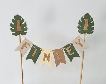 Jungle cake topper, safari cake bunting, safari baby shower topper, Jungle birthday topper, Olive & neutral tones, personalised name and age