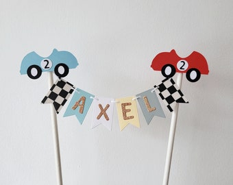 Car cake topper, Racing car checkered flag cake bunting, chequered flag cake bunting,  Personalised Car Racing Theme Topper, Two Fast topper