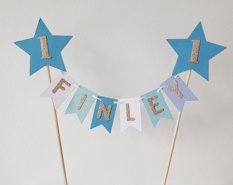 Personalised bunting cake topper, Birthday cake topper, First Birthday Topper, Star age & name cake banner,  Boys Blue Birthday cake bunting