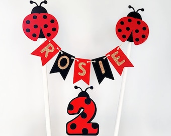 Ladybird cake topper, Ladybird theme bunting cakeTopper & age topper , Ladybug cake topper, Love bug topper -Any age can be personalised