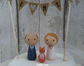 Peg Doll wedding cake topper with cat, bride and groom cake topper, wedding, Wedding cake topper, Kokeshi wedding cake topper