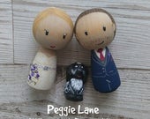 Peg Doll wedding cake topper with dog, bride and groom cake topper, wedding, Wedding cake topper, Kokeshi wedding cake topper, Mr & Mrs