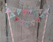 Wedding Cake Topper, Just Married, Vintage Wedding, Wedding Decor, Pink Blue and White, cake banner, cake bunting, Mini Cake Bunting