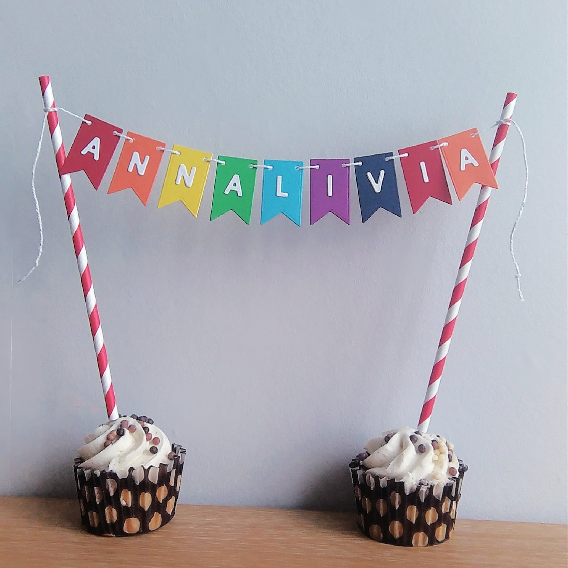 Rainbow cake bunting cake topper personalised | Etsy