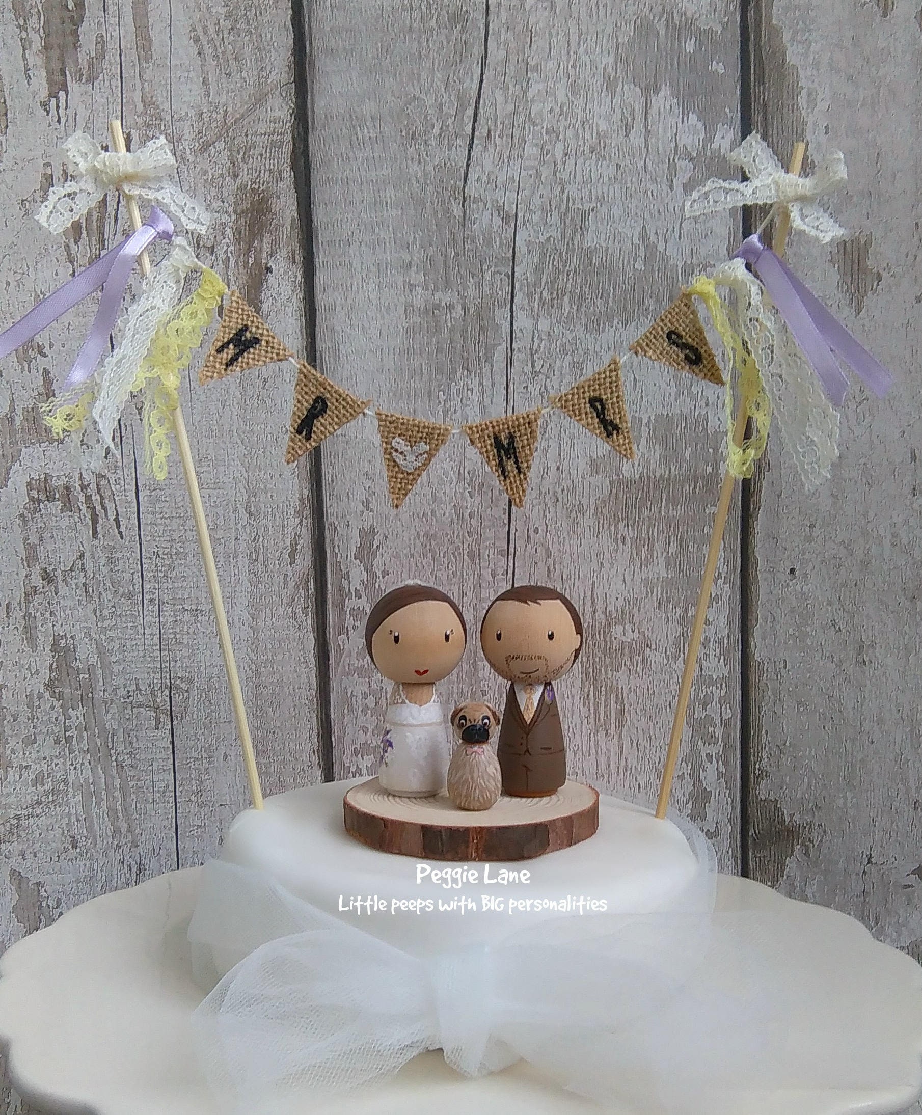 Peg Doll Wedding Cake Topper With Dog, Bride and Groom Cake Topper ...