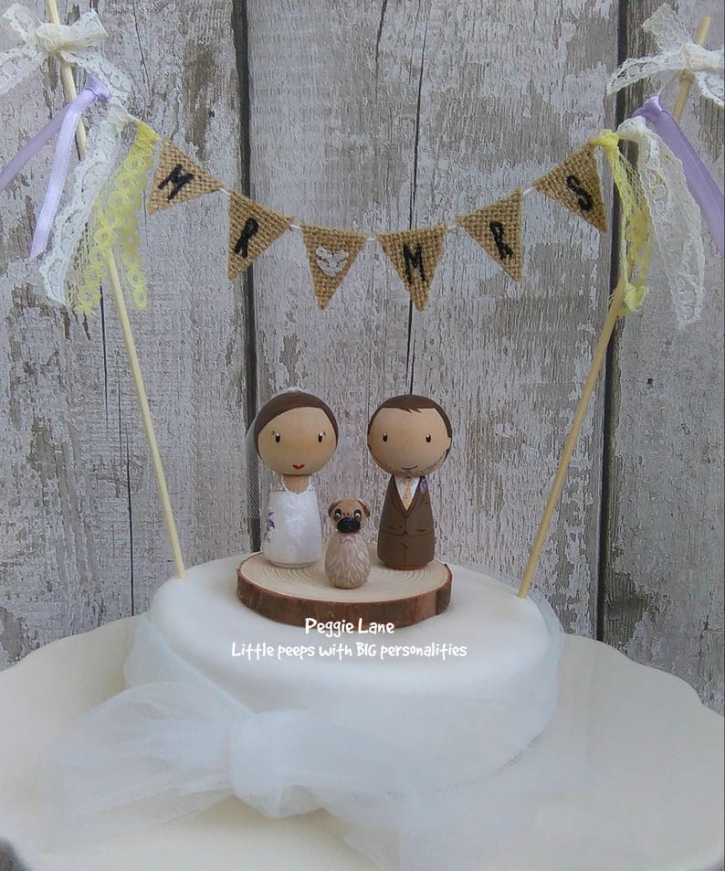 Peg Doll Wedding Cake Topper With Dog, Bride and Groom Cake Topper ...