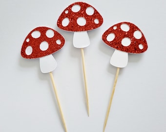 Toadstool cupcake toppers 3/6, Woodland themed party decortations, Woodland cake toppers,