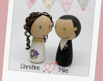 Peg Doll wedding cake topper, bride and groom cake topper, peg doll bride & groom, wedding, Wedding cake topper, Kokeshi wedding cake topper
