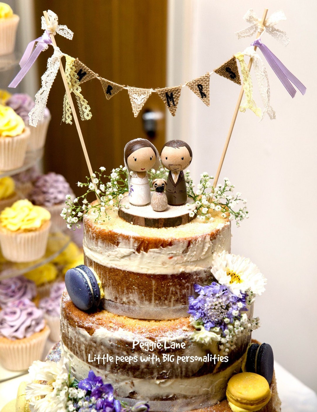 Peg Doll Wedding Cake Topper With Dog, Bride and Groom Cake Topper ...
