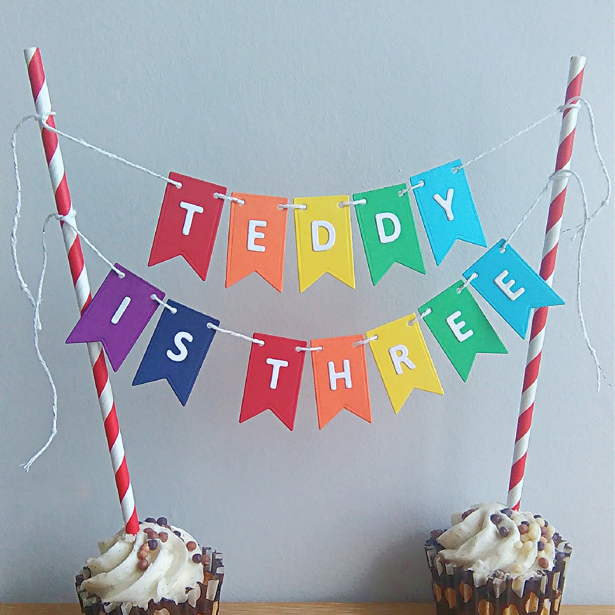 Rainbow Cake Bunting Cake Topper Personalised - Etsy UK