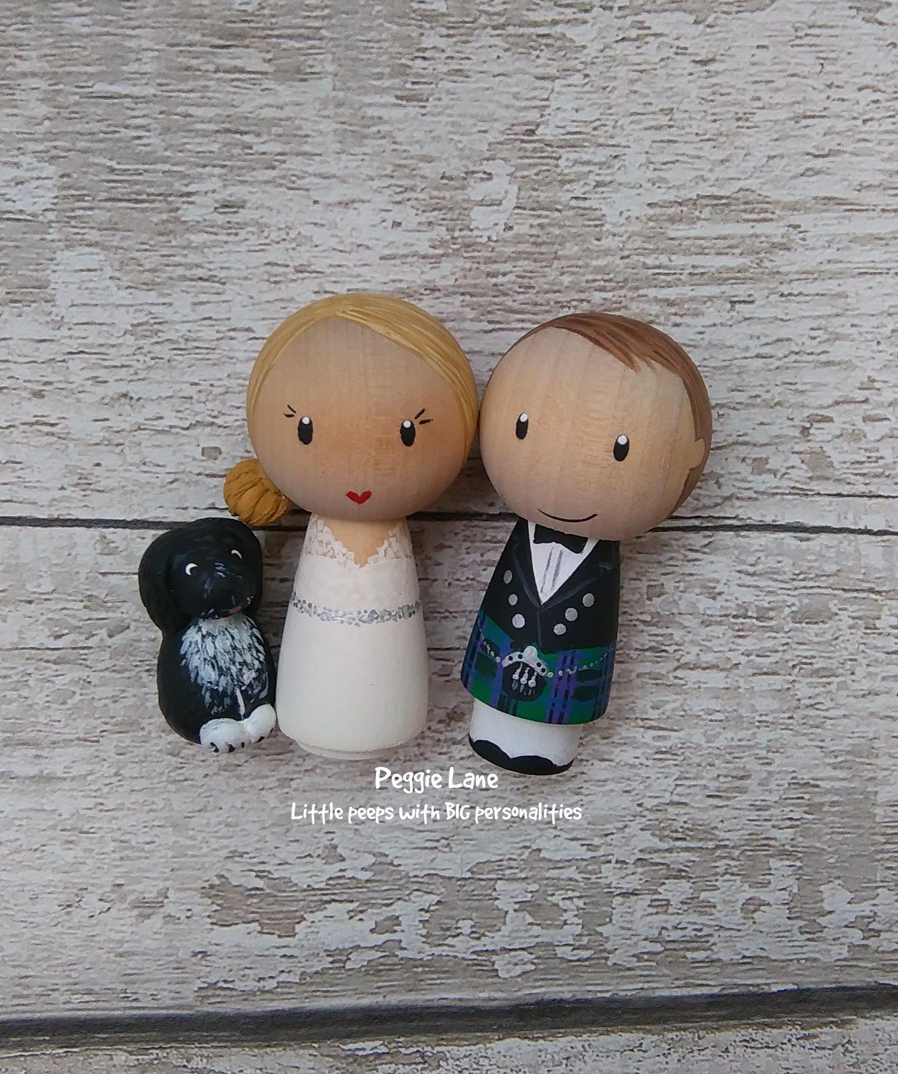 Peg Doll Wedding Cake Topper With Dog, Bride and Groom Cake Topper ...