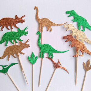 Dinosaur cupcake Toppers, Glitter Dinosaur Toppers, Green  Copper Rose Gold or Gold Green Blue, Dinosaur Birthday Party, Jungle party, T Rex