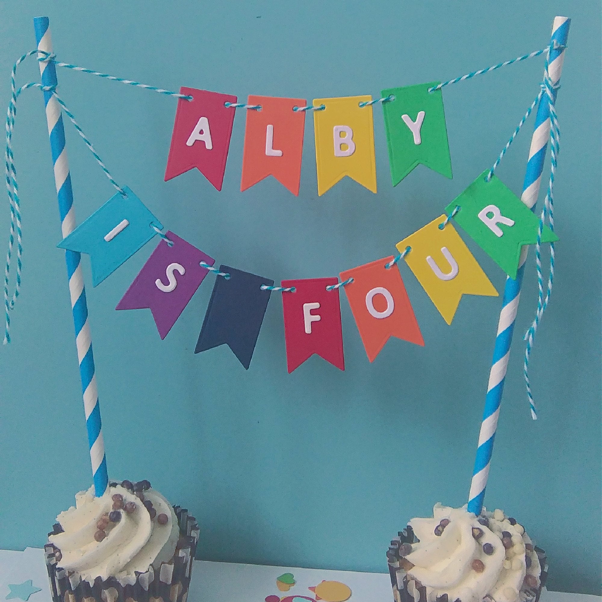 Rainbow cake bunting cake topper personalised | Etsy