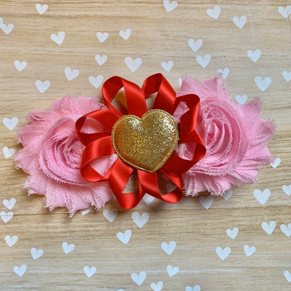 Valentines Hair Clip, Valentines Hair Bow, Red and Pink Hair Bow, Red Heart Hair Bow, Heart Hair Clip, Shabby Chic Hair Clip for Girls, Bows