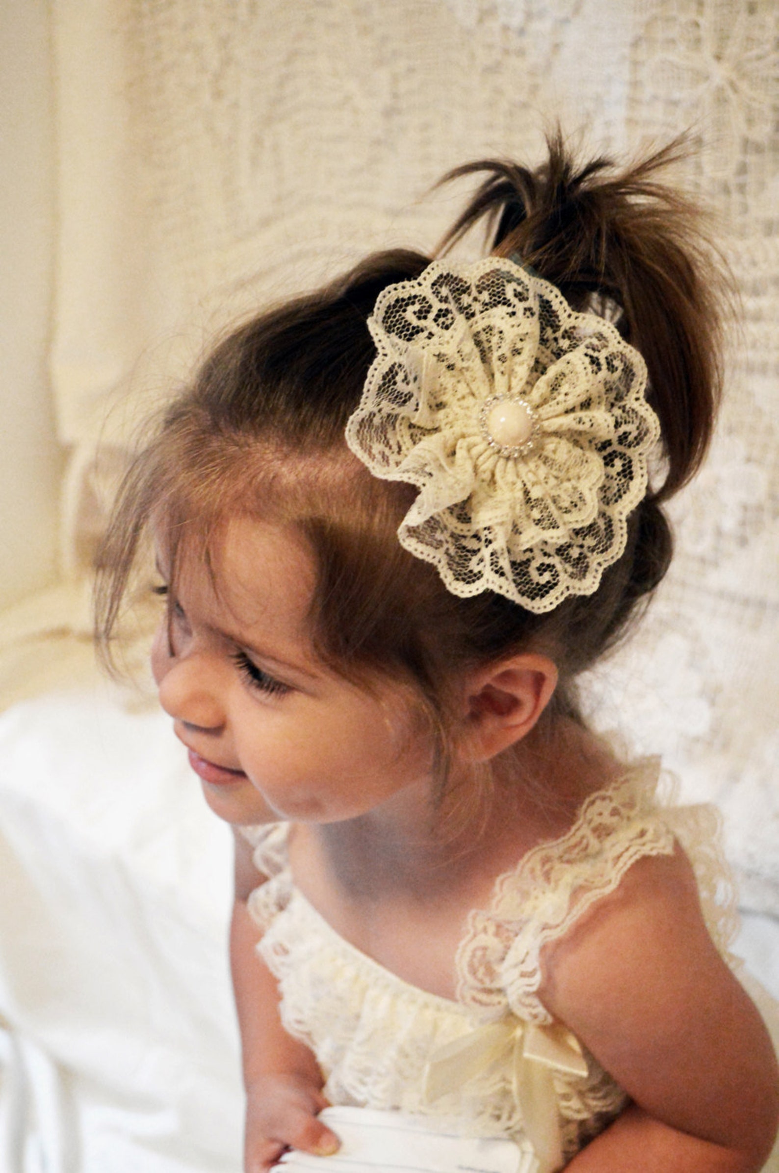 Lace Hair Bow, Rustic Hair Clip, Wedding Ivory Lace Clip, Ivory Lace