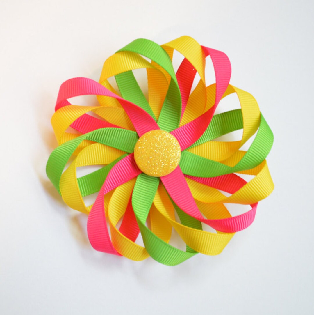Flower Hair Clip, Hot Pink Green and Yellow Flower Hair Bow, Summer