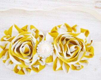 mustard yellow headband, ivory headband, shabby chic headband, headbands for babies, floral headband, mustard yellow and ivory headband, bow