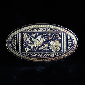 Vintage 1970s Black and Gold Tone Spanish Damascene Brooch with Bird and Floral Design