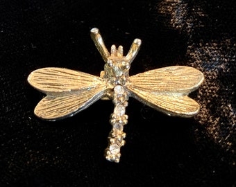 Vintage 1960s Small Gold-Toned Dragon Fly with Rhinestone Brooch -- Animal // Costume Jewelry // Boho