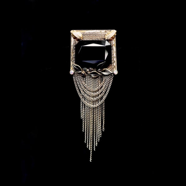 Vintage 1940s Marena 18K Gold Plate Brooch with Onyx Center — Art Deco // Gatsby // Flapper // Gothic