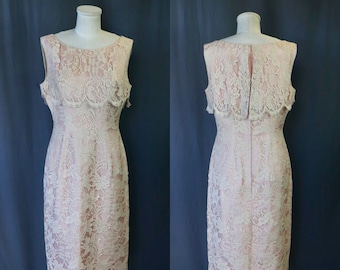 Vintage 1950s Lilli Diamond Designer Rose Pink Taffeta Dress with Cream Floral Lace Cape Midi Pencil Dress, Size Medium—Rockabilly // Pinup