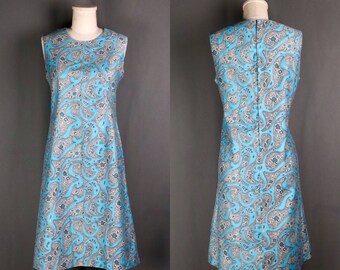 Vintage 1960s Psychedelic Blue and Gray Paisley and Floral Pattern Sheath Dress, Size Medium — Mod // Avant Garde // Festival