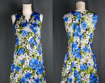 Vintage 1960s Blue and White Floral (Daisy and Poppy) Sleeveless Mini // Babydoll Dress, Size Small // Medium--Boho // Mod // Festival