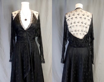 Vintage Late 1970s // Early 1980s Albert Capraro Designer Black Floral Lace Tiered Midi Dress, Size Small // Medium—Gothic // Witchy